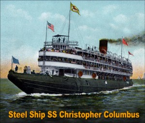 Hand-painted illustration of the steel ship S.S. Christopher Columbus christened in 1893