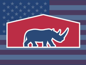Iconic image of a RHINO inside a steel building against an American flag background.
