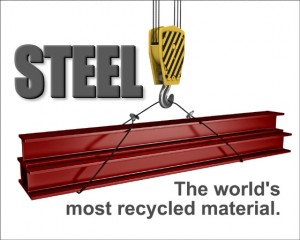 Graphic illustration of red iron steel beams hanging from a crane with caption: "Steel: the World's Most Recycled Material"