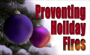 Close-up of hot pink and purple Christmas ornaments hanging on a show-covered evergreen and text saying "Preventing Holiday Fires"