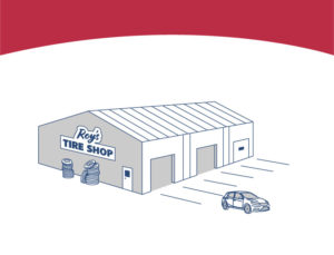 Graphic drawing of a steel pre-engineered building tire store.