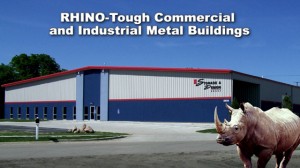 A rhino strolls in front of a large red, white, and blue industrial metal building