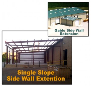 Two photos of side wall extensions comparing a single slope roof to a gabled roof