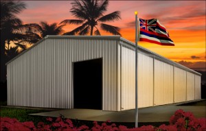 Beautiful tropical sunset behind a tan steel building with brown trim, as Hawaiian flag files in the foreground