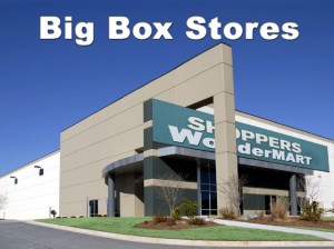 Photo of large steel warehouse-type retail outlet with headline Big Box Stores"