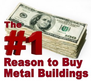 Stack of hundred dollar bills with text reading "The Number One Reasons to Buy Metal Buildings"