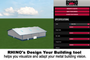 Screen shot of creating a metal building on RHINO's Online Design Tool.