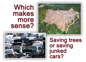 Comparing wood versus steel with an overhead view of a clear-cut forest and a wrecking yard full of junked cars