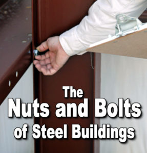Photo of steel bolt and connections in rigid-frame steel building.