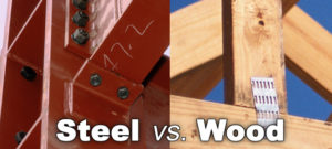 Photo comparing steel building connections to wood building connections.