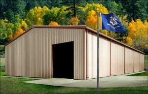 Metal building against colorful fall background with Connecticut flag flying
