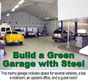 Photo of the inside of a large multi-vehicle metal building garage with built-in bar, office, and guest room