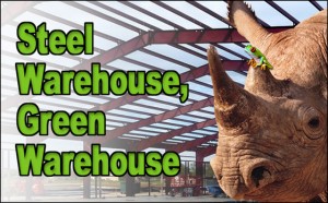 A rhino stands in from of a steel warehouse under construction, with the headline "Steel Warehouse, Green Warehouse"