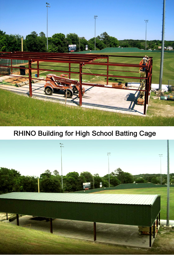 Two images show a school's steel building batting cage under construction and then completed.