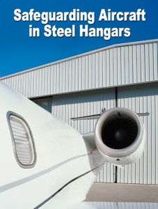 photo of a white steel hangar with a private jet sitting outside and text reading "Safeguarding Aircraft in Steel Hangars"