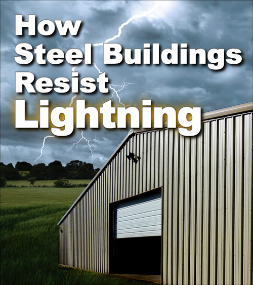 Large metal building with lightning flashing in the background and headline "How Steel Buildings Resist Lightning"