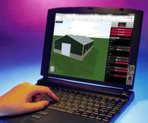 Laptop with RHINO's 3-D Design Tool software and metal building.