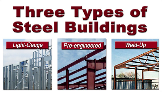 Photos comparing light-gauge, weld-up, and pre-engineered steel buildings