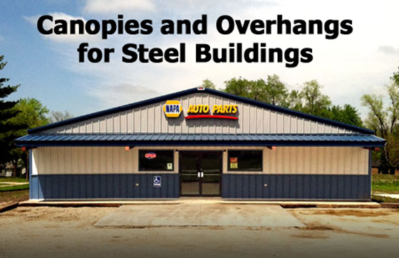 A steel building auto parts store shows canopy all across the front of the store.