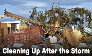 A tree lays across a destroyed building after a devastating storm.  The text reads "Cleaning Up After the Storm"