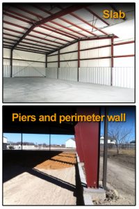 Photos of steel buildings compare metal buildings on slab and on piers with perimeter walls