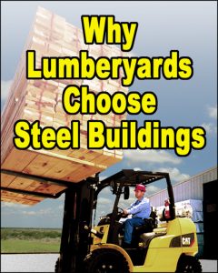 A man on a forklift moving a load of lumber with a metal building lumberyard in the background
