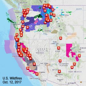 graphic locates multiple wildfires on a map of the western U.S.