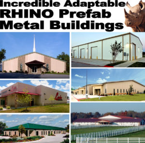 Collage of RHINO structural steel buildings including a church, commercial buildings, and stables.