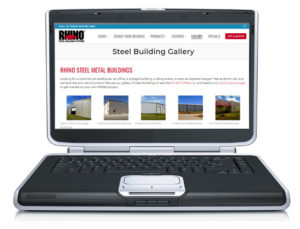 Photo of the RHINO metal building photo gallery page displayed on a laptop.