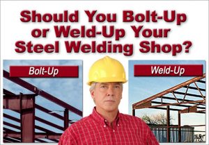 builder in yellow hard hat stands in front of examples of bolt-up and weld-up steel buildings