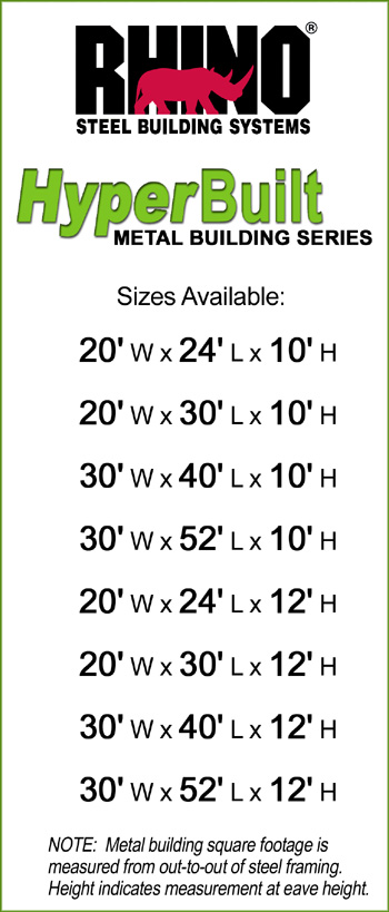 Chart shows the eight metal building sizes of RHINO's HyperBuilt series.