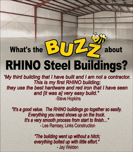 photo of the inside of a steel building with testimonials from RHINO metal building customers
