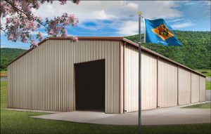 tan colored metal building with darker tan trim and Delaware state flag flying