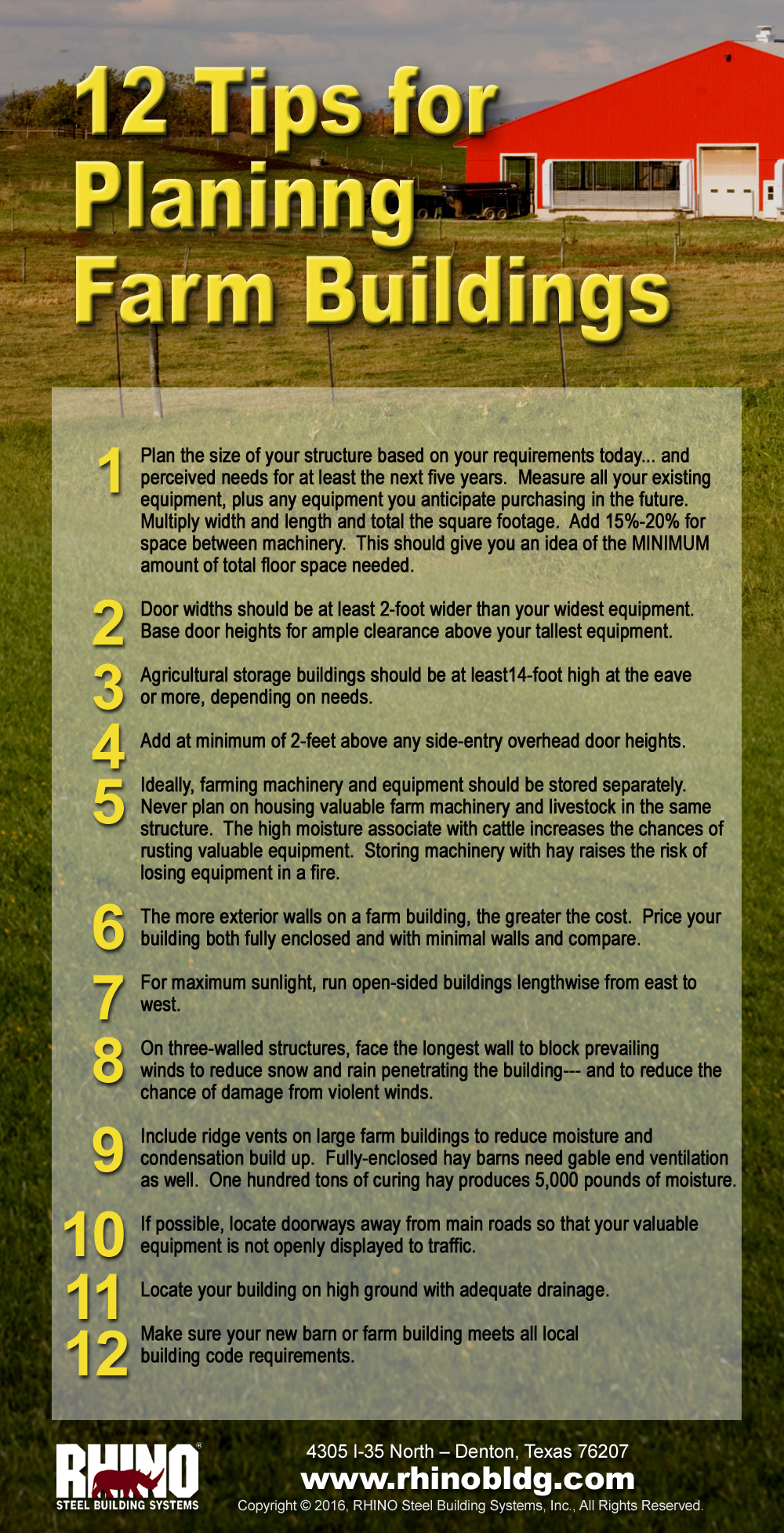 RHINO infographic with 12 Tips for Planning metal barns and steel farm buildings.