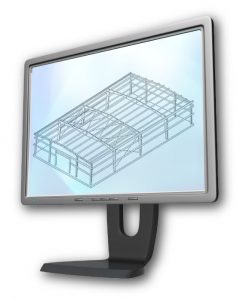 a flat-screen computer with an isometric drawing of steel building framing on the screen