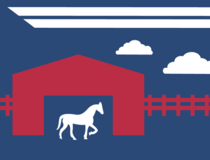 Blue and red graphic image depicting a horse in a metal barn in Texas.