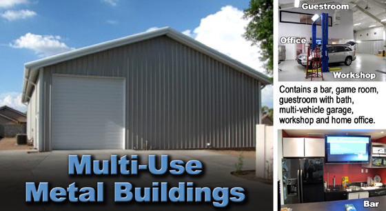 gray steel building exterior wit white trim and text saying "Multi-Use Metal Buildings"