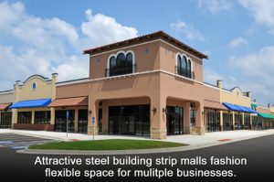 Upscale stucco strip mall with desert colors and festive blue awnings
