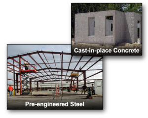 Photos of a steel building and a concrete building under construction.