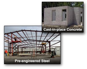 photos of a pre-engineered steel buildings and a cast-in-place concrete building underconstruction
