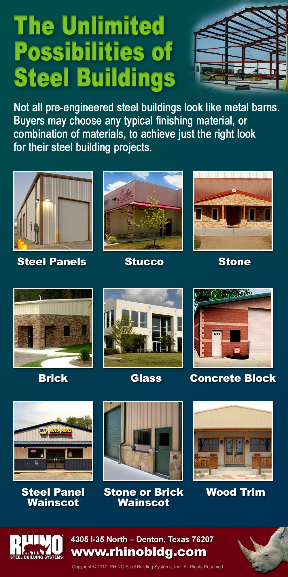 RHINO infographic displaying some of the exterior treatment options possible with a RHINO steel building kit.