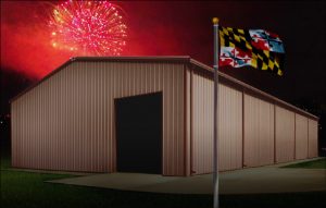 metal buildings in Maryland shows a steel building with fireworks in the background and the state flag in the foreground
