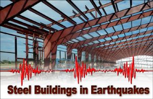 a steel building warehouse under construction, superimposed with seismographic markings