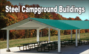 covered picnic area made from an attract green-roofed steel campground building