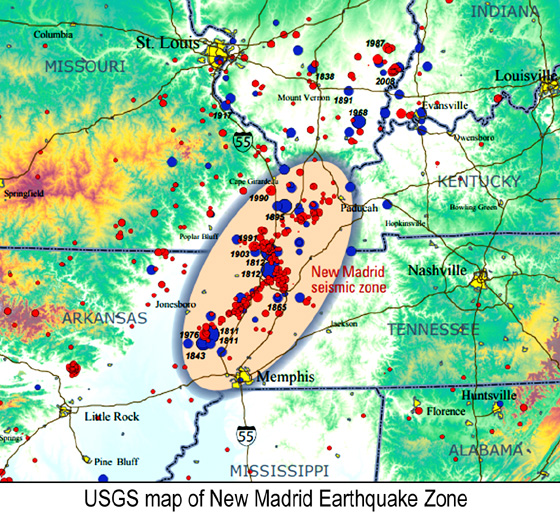 colorful map locates the strongest earthquakes in the New Madrid area