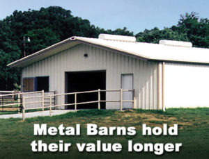 white metal building barn with welded steel fencing