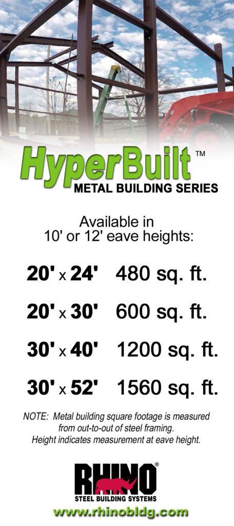 A Chart showing the different HyperBuilt sizes available from RHINO Steel Buildings