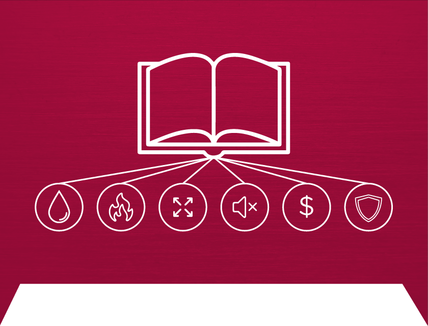 Icon of an open book on a cranberry background denotes steel buildings for bookstores and libraries.
