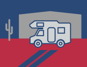 Icon of a camper before a metal storage building