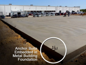Photo shows a curing metal building foundation with anchor bolts embedded in the concrete.